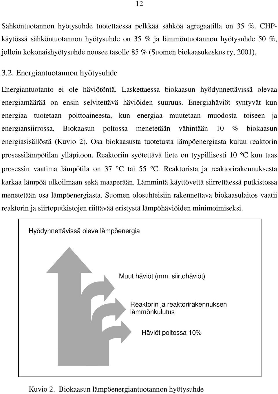 01). 3.2. Energiantuotannon hyötysuhde Energiantuotanto ei ole häviötöntä. Laskettaessa biokaasun hyödynnettävissä olevaa energiamäärää on ensin selvitettävä häviöiden suuruus.