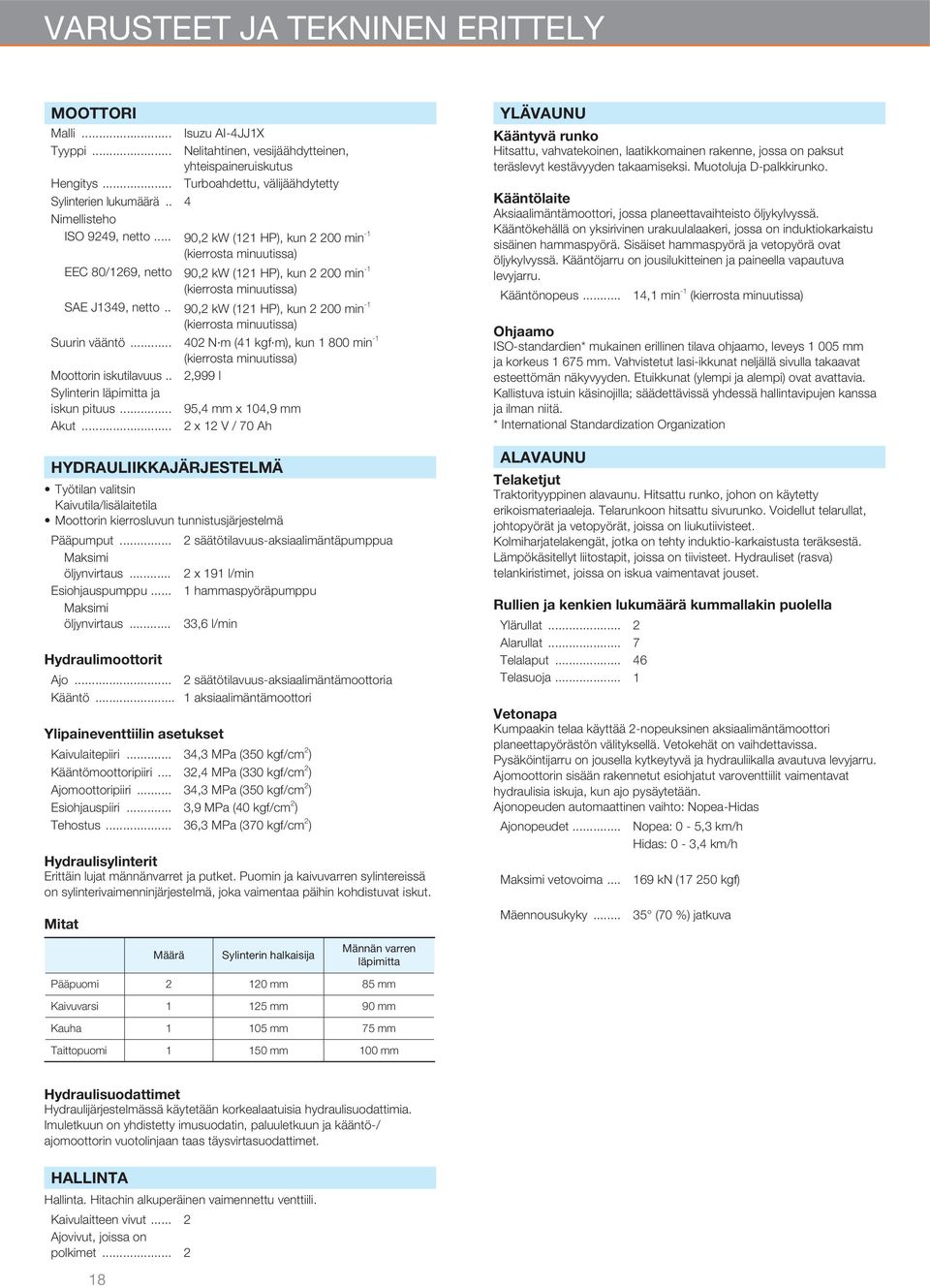 . 90,2 kw (121 HP), kun 2 200 min -1 (kierrosta minuutissa) Suurin vääntö... 402 N m (41 kgf m), kun 1 800 min -1 (kierrosta minuutissa) Moottorin iskutilavuus.