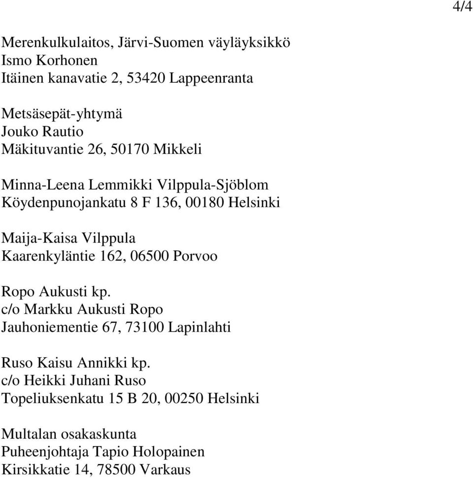 Kaarenkyläntie 162, 06500 Porvoo Ropo Aukusti kp. c/o Markku Aukusti Ropo Jauhoniementie 67, 73100 Lapinlahti Ruso Kaisu Annikki kp.