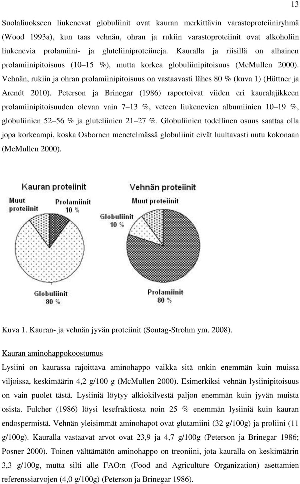 Vehnän, rukiin ja ohran prolamiinipitoisuus on vastaavasti lähes 80 % (kuva 1) (Hüttner ja Arendt 2010).