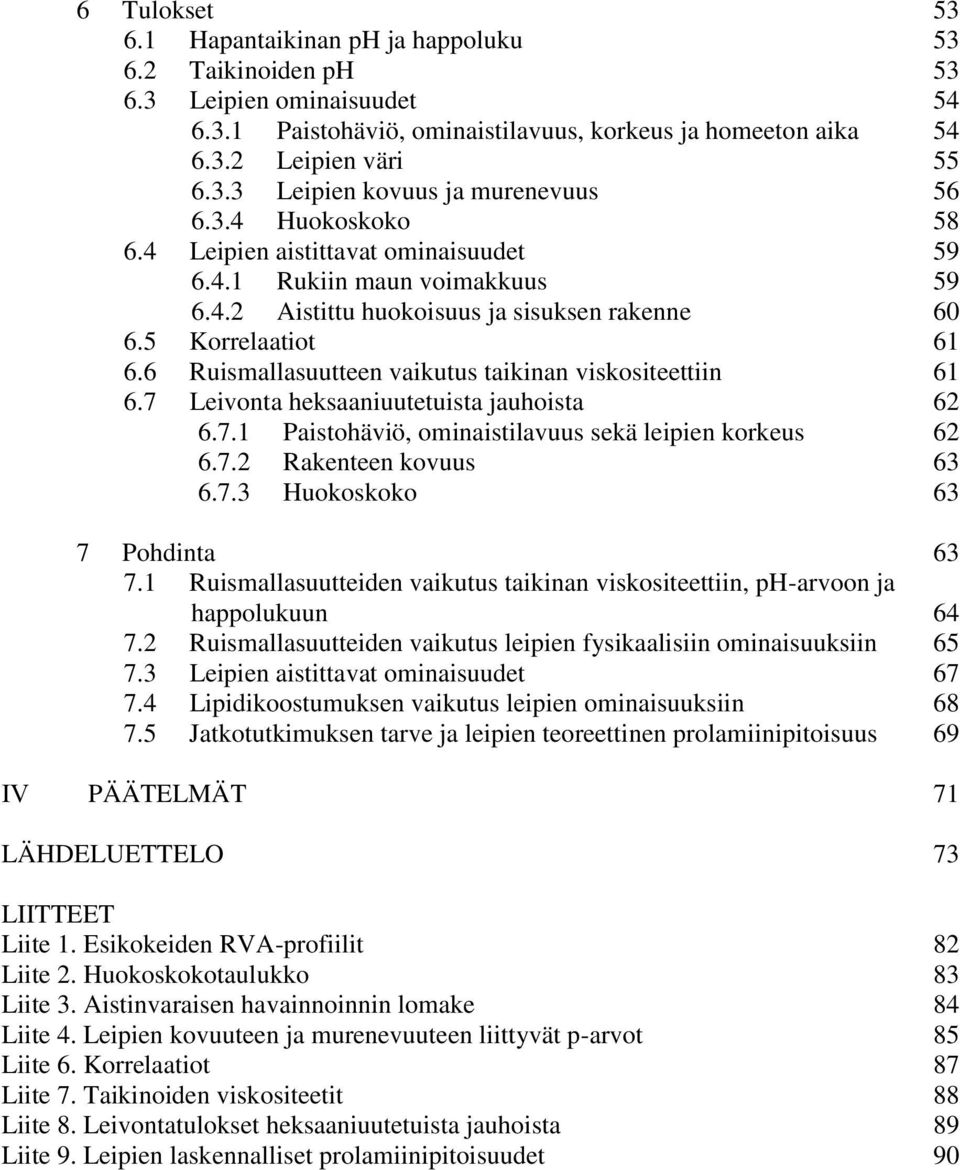 6 Ruismallasuutteen vaikutus taikinan viskositeettiin 61 6.7 Leivonta heksaaniuutetuista jauhoista 62 6.7.1 Paistohäviö, ominaistilavuus sekä leipien korkeus 62 6.7.2 Rakenteen kovuus 63 6.7.3 Huokoskoko 63 7 Pohdinta 63 7.