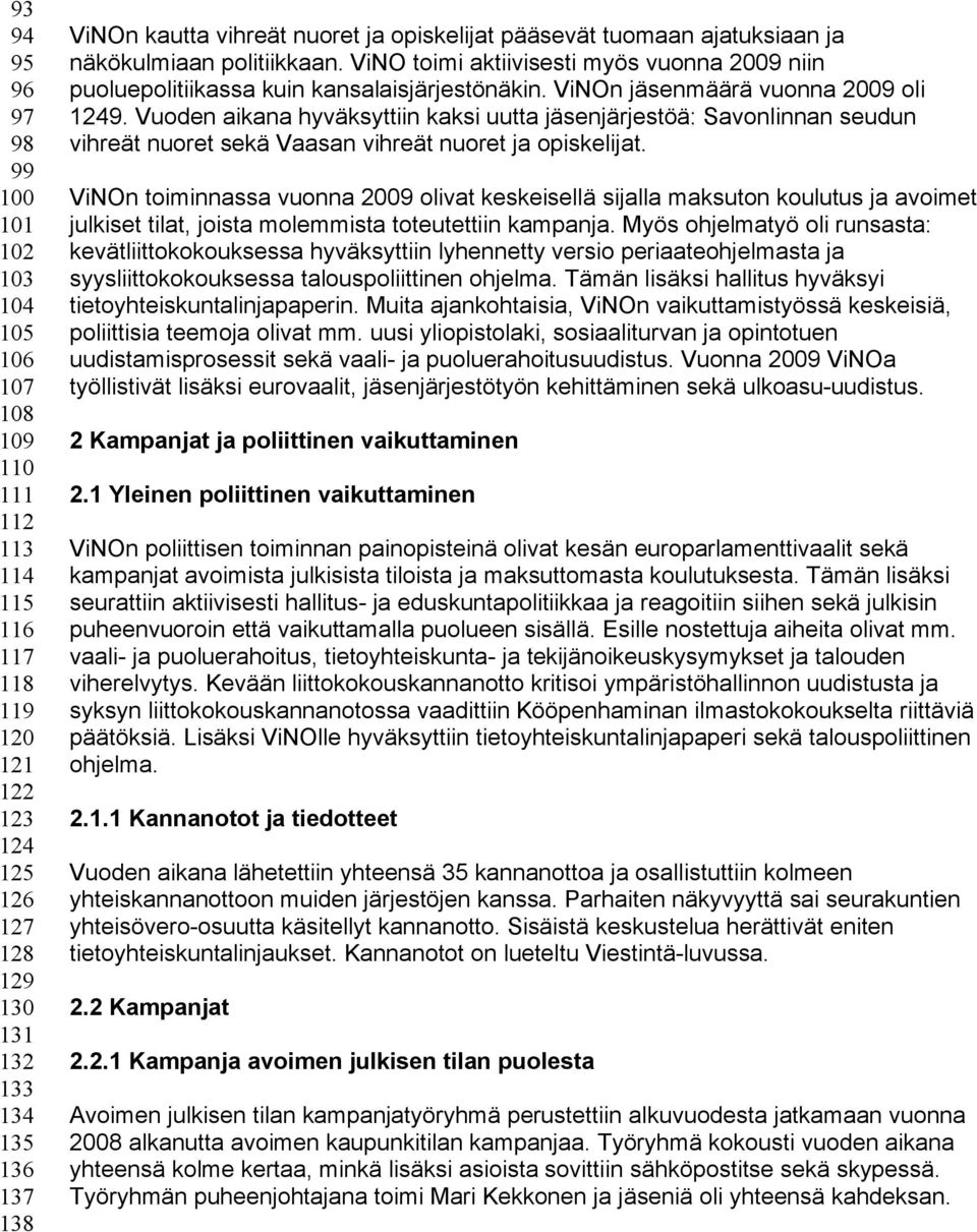 ViNOn jäsenmäärä vuonna 2009 oli 1249. Vuoden aikana hyväksyttiin kaksi uutta jäsenjärjestöä: Savonlinnan seudun vihreät nuoret sekä Vaasan vihreät nuoret ja opiskelijat.