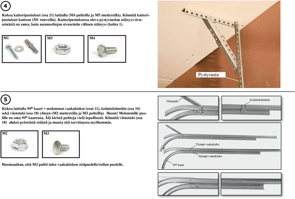 M1 M5 M4 Pystyrauta 5 Kokoa lattialla 90 o kaari + molemmat vaakakiskot (osat 11), kolmiokiinnitin (osa 10) sekä viistotuki (osa 18) yhteen (M2 muttereilla ja M3 pulteilla). Huom!