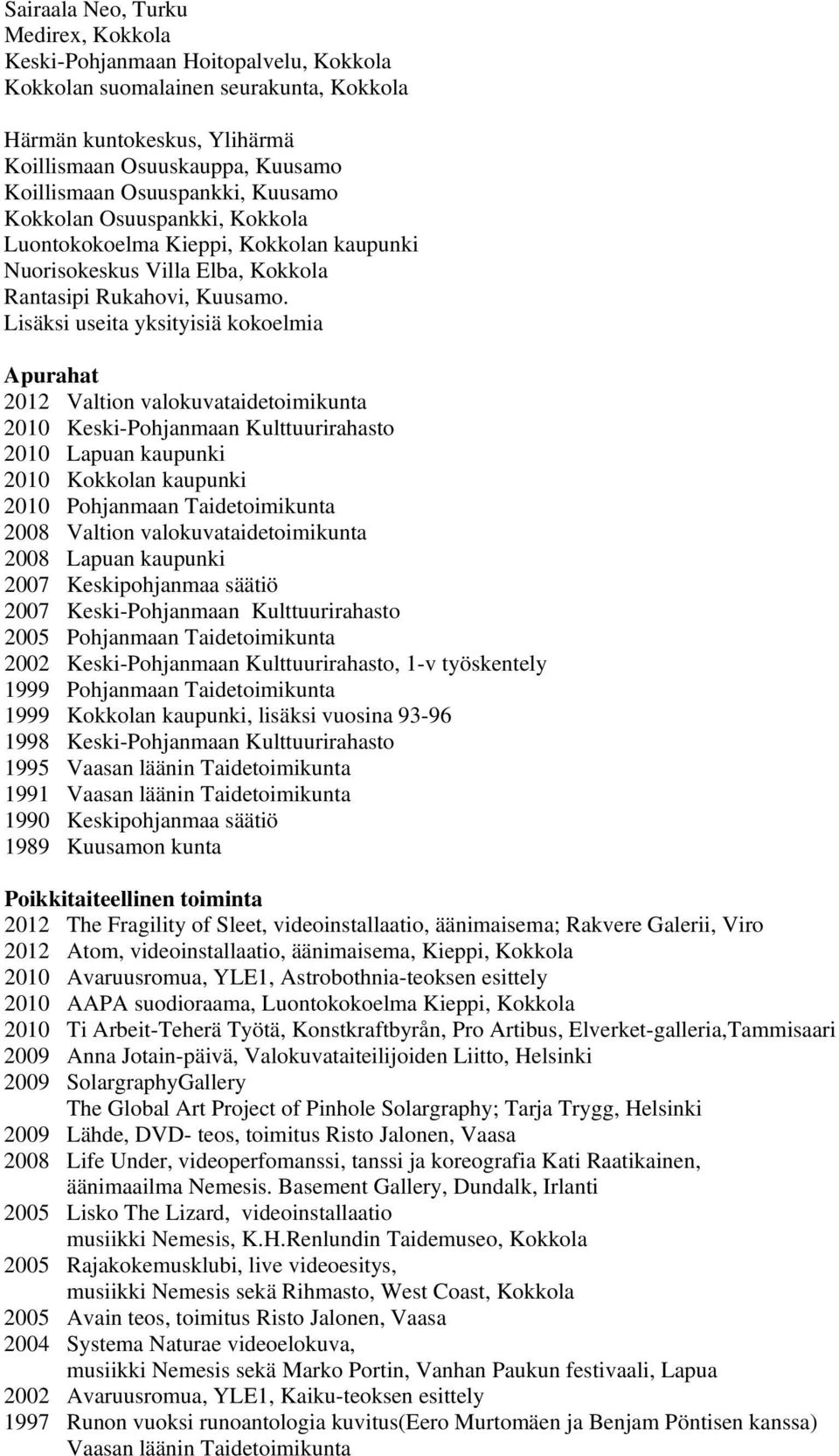 Lisäksi useita yksityisiä kokoelmia Apurahat 2012 Valtion valokuvataidetoimikunta 2010 Keski-Pohjanmaan Kulttuurirahasto 2010 Lapuan kaupunki 2010 Kokkolan kaupunki 2010 Pohjanmaan Taidetoimikunta