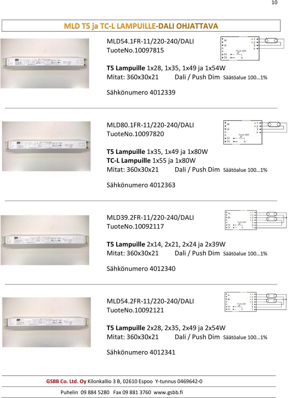 10097820 T5 Lampuille 1x35, 1x49 ja 1x80W TC-L Lampuille 1x55 ja 1x80W Mitat: 360x30x21 Dali / Push Dim Säätöalue 100 1% Sähkönumero 4012363 MLD39.