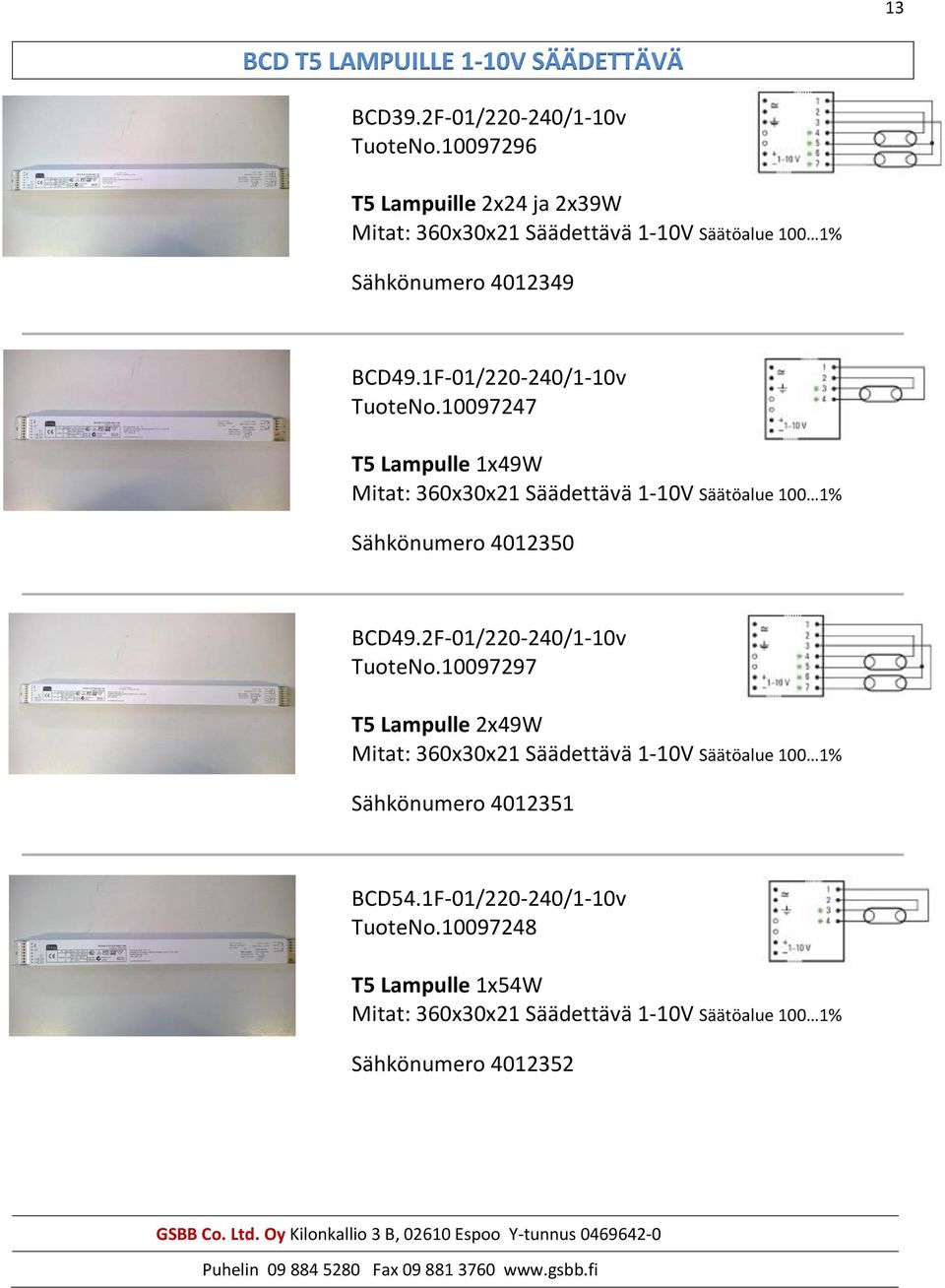 10097247 T5 Lampulle 1x49W Mitat: 360x30x21 Säädettävä 1-10V Säätöalue 100 1% Sähkönumero 4012350 BCD49.2F-01/220-240/1-10v TuoteNo.