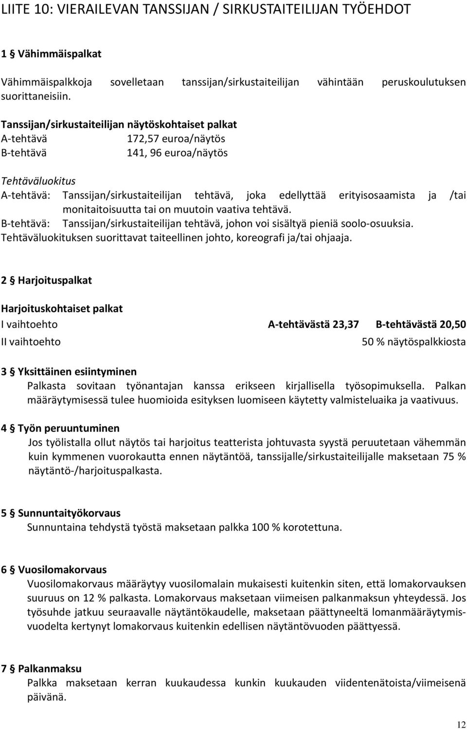 erityisosaamista ja /tai monitaitoisuutta tai on muutoin vaativa tehtävä. B-tehtävä: Tanssijan/sirkustaiteilijan tehtävä, johon voi sisältyä pieniä soolo-osuuksia.