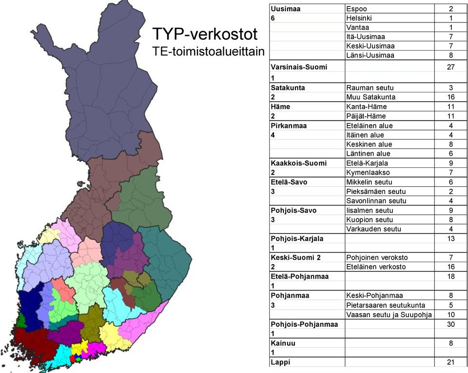 Etelä-Savo Mikkelin seutu 6 3 Pieksämäen seutu 2 Savonlinnan seutu 4 Pohjois-Savo Iisalmen seutu 9 3 Kuopion seutu 8 Varkauden seutu 4 Pohjois-Karjala 13 1 Keski-Suomi 2