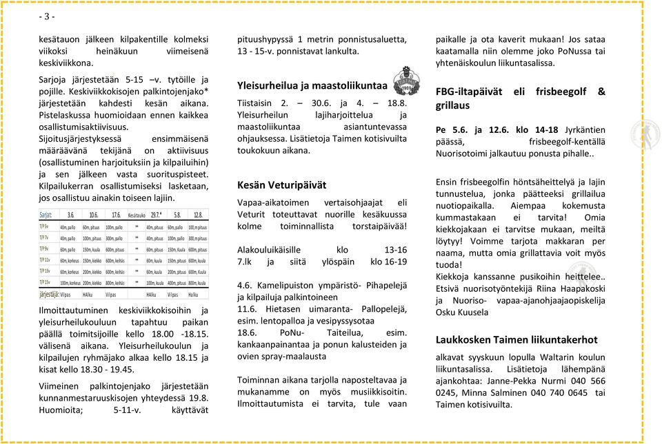 Sijoitusjärjestyksessä ensimmäisenä määräävänä tekijänä on aktiivisuus (osallistuminen harjoituksiin ja kilpailuihin) ja sen jälkeen vasta suorituspisteet.