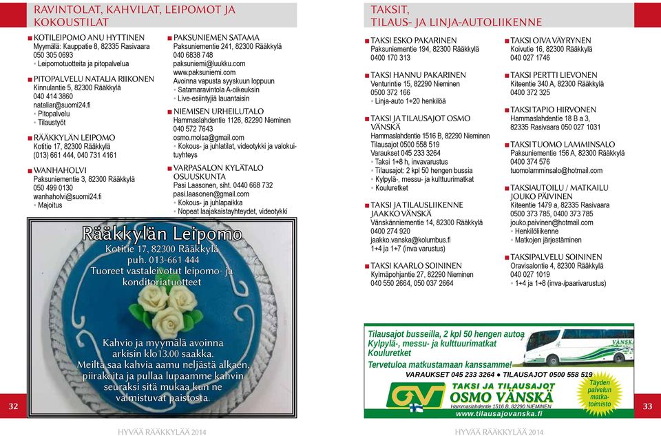 fi Pitopalvelu Tilaustyöt RÄÄKKYLÄN LEIPOMO Kotitie 17, 82300 Rääkkylä (013) 661 444, 040 731 4161 WANHAHOLVI Paksuniementie 3, 82300 Rääkkylä 050 499 0130 wanhaholvi@suomi24.