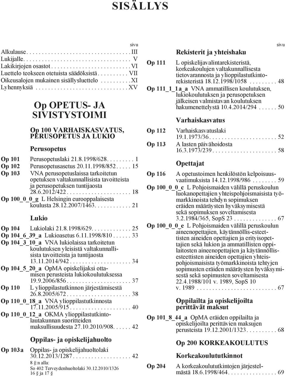 8.1998/628......... 1 Op 102 Perusopetusasetus 20.11.1998/852..... 15 Op 103 VNA perusopetuslaissa tarkoitetun opetuksen valtakunnallisista tavoitteista ja perusopetuksen tuntijaosta 28.6.2012/422.