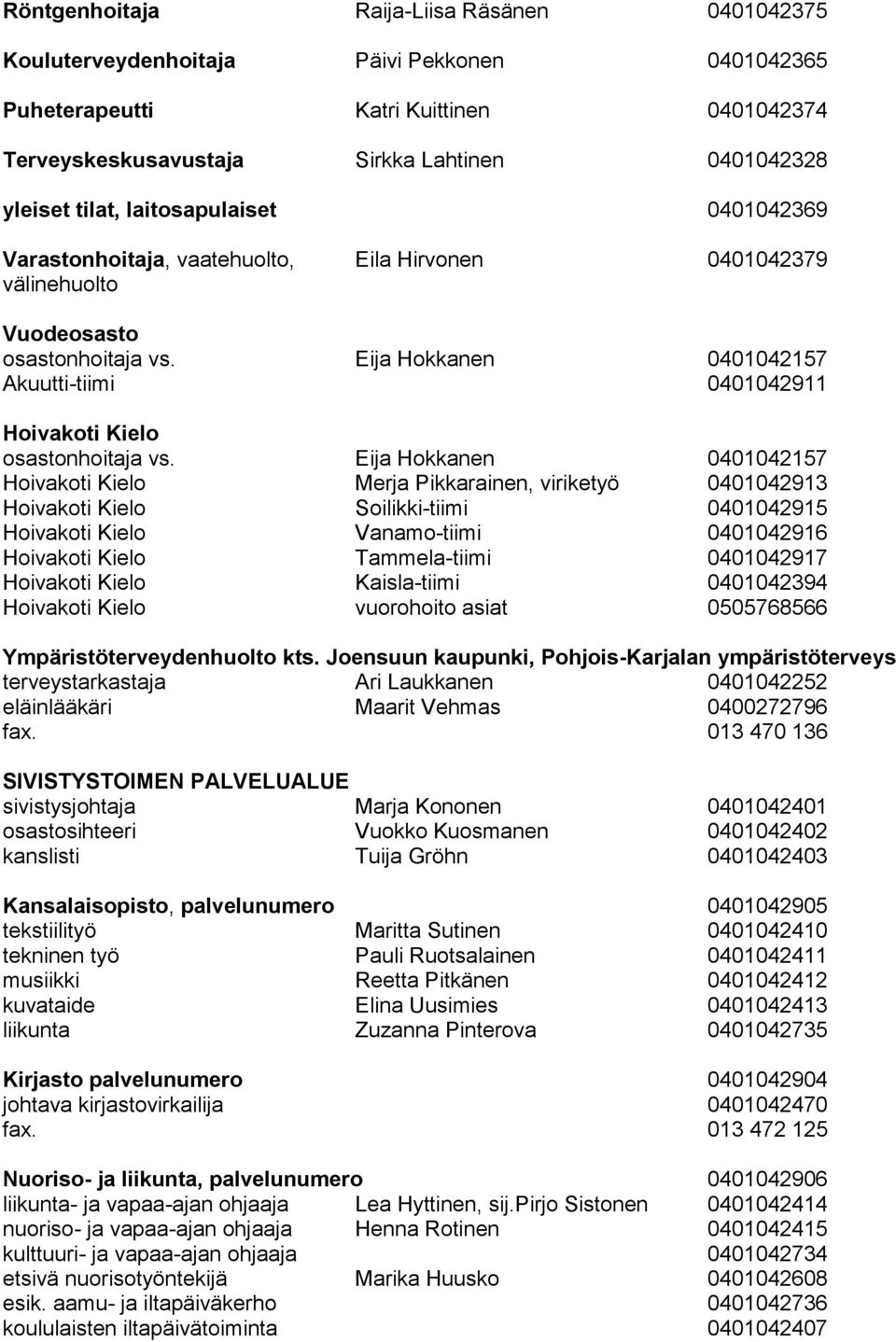 Eija Hokkanen 0401042157 Akuutti-tiimi 0401042911 Hoivakoti Kielo osastonhoitaja vs.