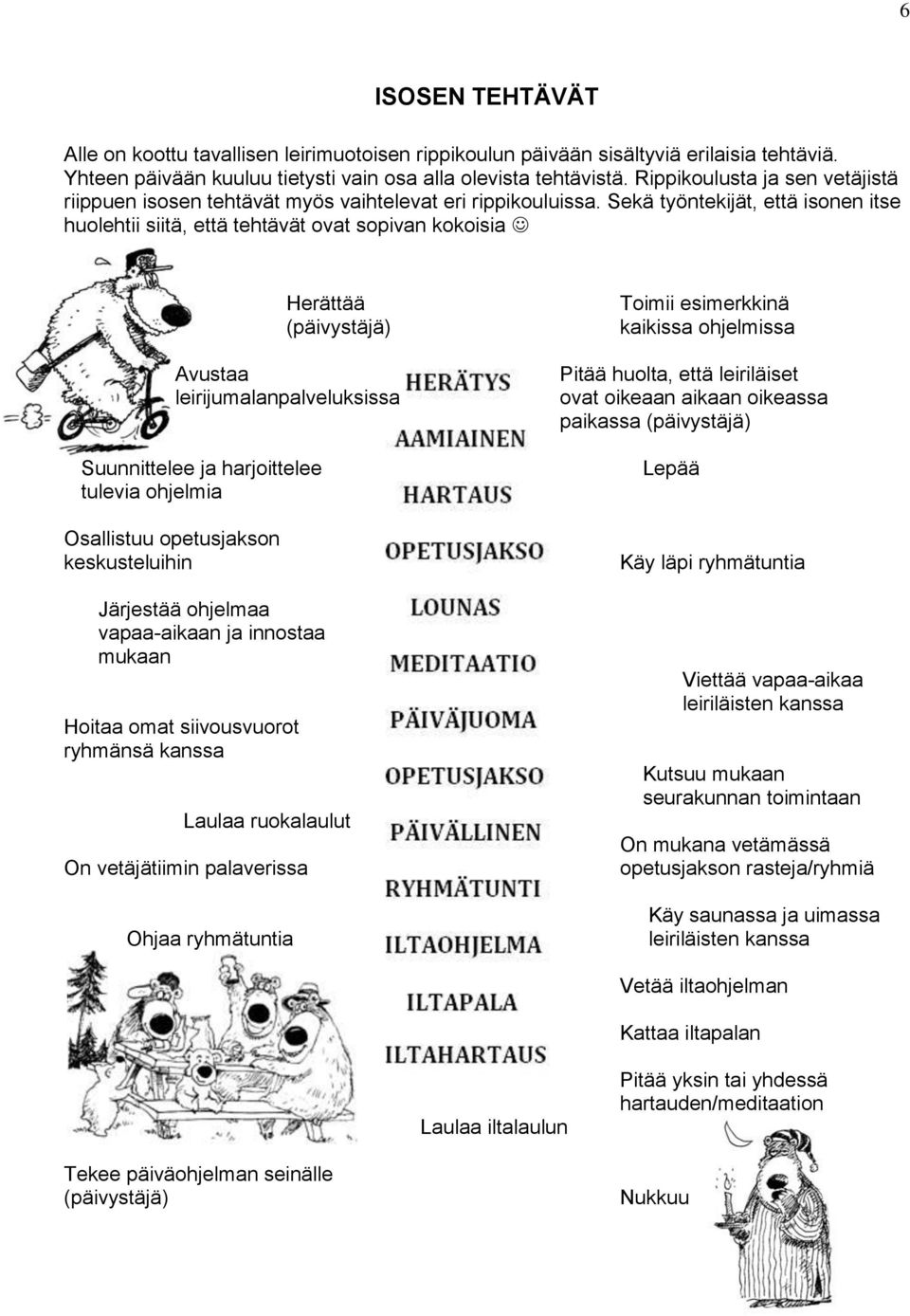 Sekä työntekijät, että isonen itse huolehtii siitä, että tehtävät ovat sopivan kokoisia Herättää (päivystäjä) Avustaa leirijumalanpalveluksissa Suunnittelee ja harjoittelee tulevia ohjelmia