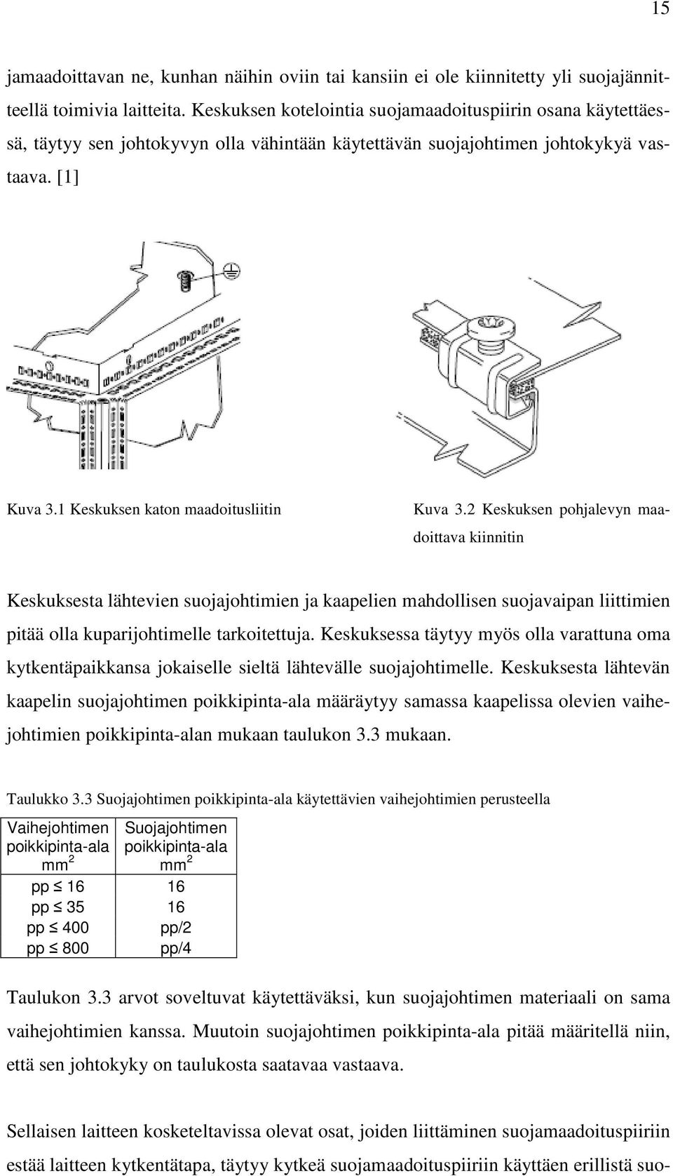 2 Keskuksen pohjalevyn maadoittava kiinnitin Keskuksesta lähtevien suojajohtimien ja kaapelien mahdollisen suojavaipan liittimien pitää olla kuparijohtimelle tarkoitettuja.