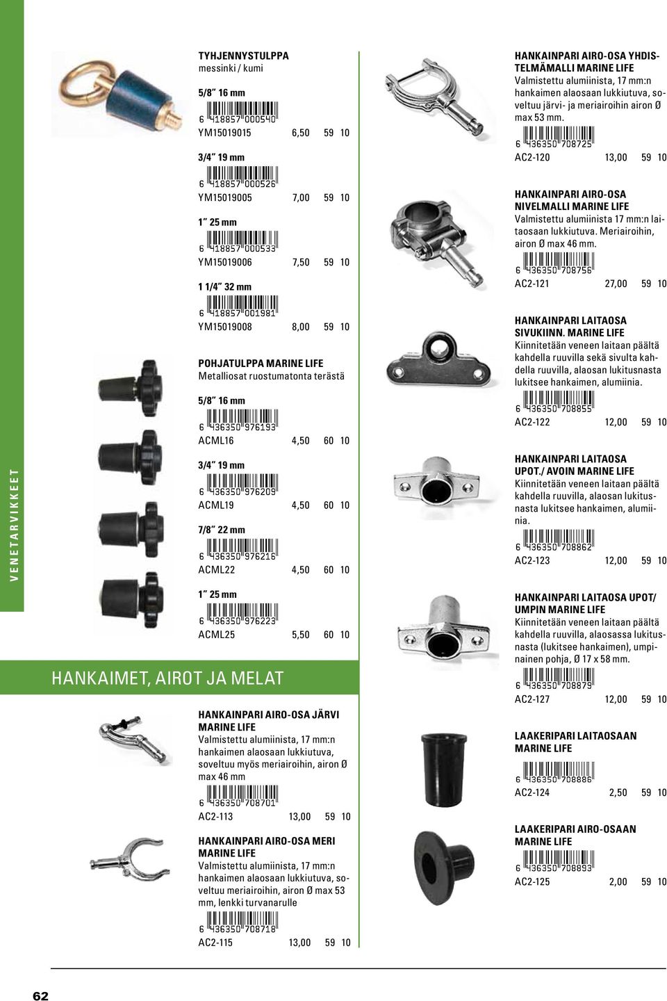 AC2-120 13,00 59 10 YM15019005 7,00 59 10 1 25 mm YM15019006 7,50 59 10 1 1/4 32 mm HANKAINPARI AIRO-OSA NIVELMALLI MARINE LIFE Valmistettu alumiinista 17 mm:n laitaosaan lukkiutuva.