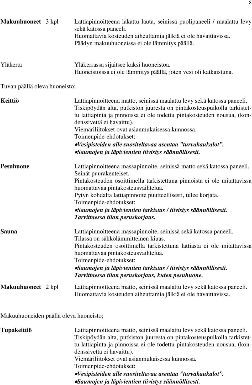 Tuvan päällä oleva huoneisto; Keittiö Pesuhuone Sauna Makuuhuoneet 2 kpl Lattiapinnoitteena matto, seinissä maalattu levy sekä katossa paneeli.