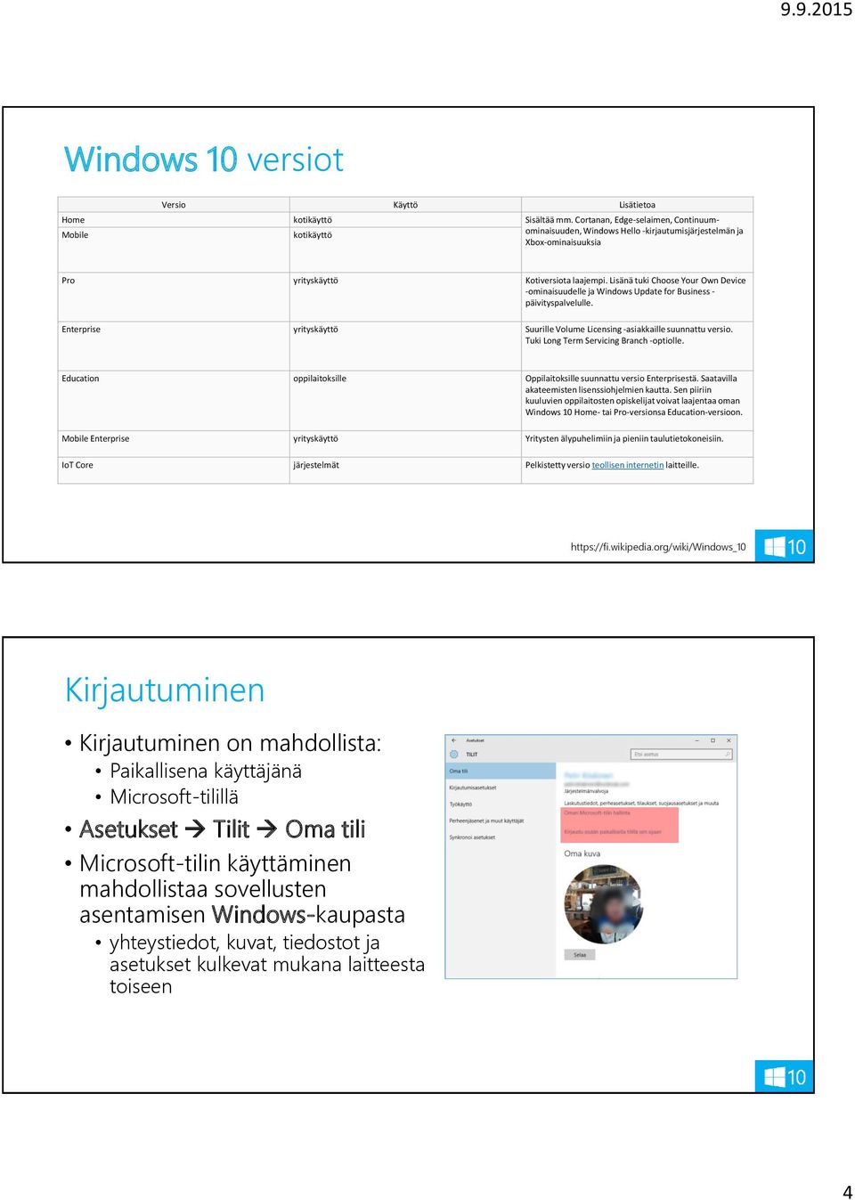 Lisänä tuki Choose Your Own Device -ominaisuudelle ja Windows Update for Business - päivityspalvelulle. Enterprise yrityskäyttö Suurille Volume Licensing -asiakkaille suunnattu versio.