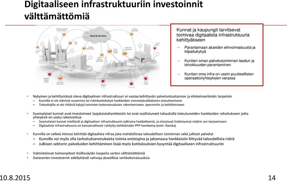 infrastruktuuri ei vastaa kehittyvän palveluntuotannon ja elinkeinoelämän tarpeisiin Kunnilla ei ole teknistä osaamista tai riskinkantokykyä hankkeiden menestyksekkääseen toteuttamiseen Toteuttajilla