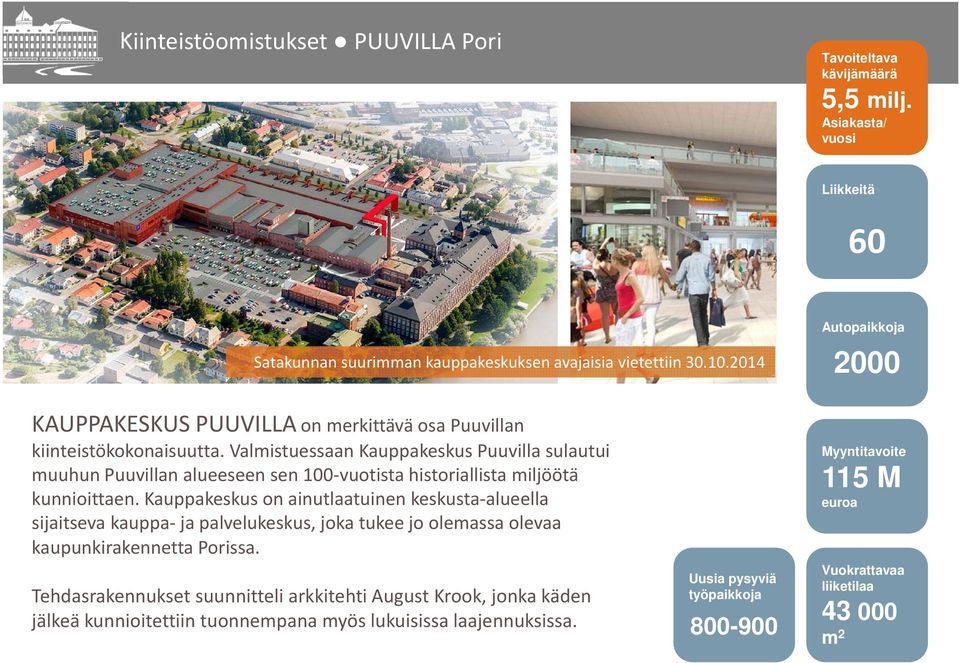 Valmistuessaan Kauppakeskus Puuvilla sulautui muuhun Puuvillan alueeseen sen 100 vuotista historiallista miljöötä kunnioittaen.