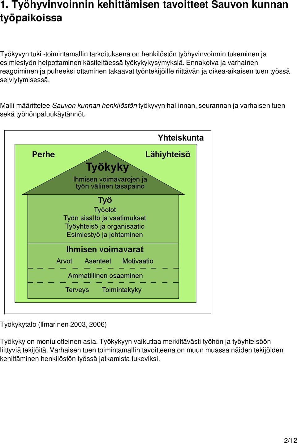 Malli määrittelee Sauvon kunnan henkilöstön työkyvyn hallinnan, seurannan ja varhaisen tuen sekä työhönpaluukäytännöt. Työkykytalo (Ilmarinen 2003, 2006) Työkyky on moniulotteinen asia.