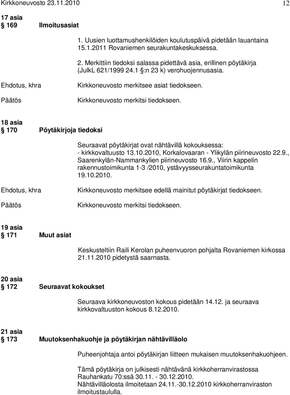 18 asia 170 Pöytäkirjoja tiedoksi Seuraavat pöytäkirjat ovat nähtävillä kokouksessa: - kirkkovaltuusto 13.10.2010, Korkalovaaran - Ylikylän piirineuvosto 22.9.