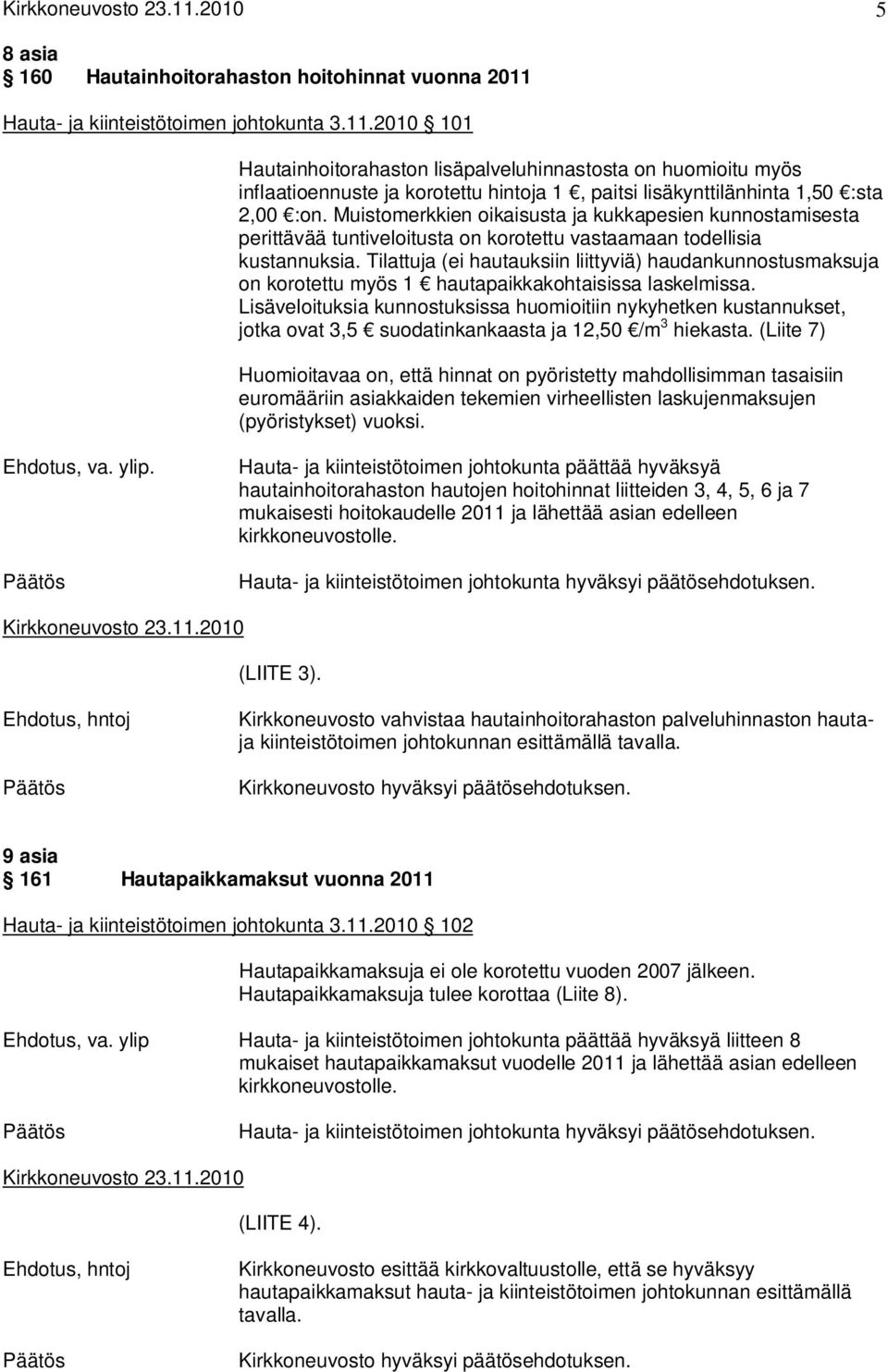Tilattuja (ei hautauksiin liittyviä) haudankunnostusmaksuja on korotettu myös 1 hautapaikkakohtaisissa laskelmissa.