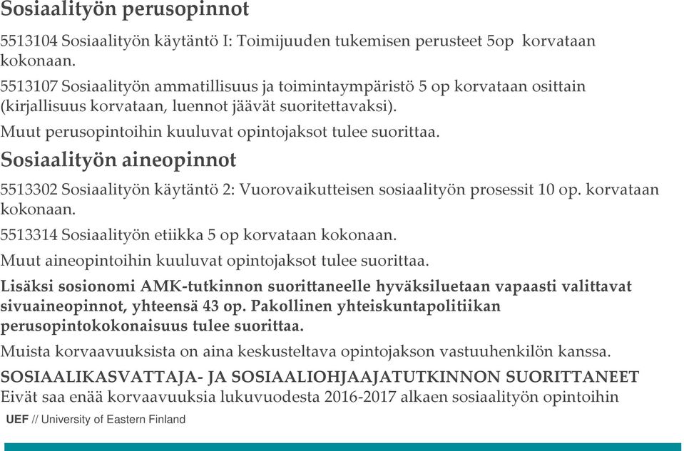 Sosiaalityön aineopinnot 5513302 Sosiaalityön käytäntö 2: Vuorovaikutteisen sosiaalityön prosessit 10 op. korvataan kokonaan. 5513314 Sosiaalityön etiikka 5 op korvataan kokonaan.