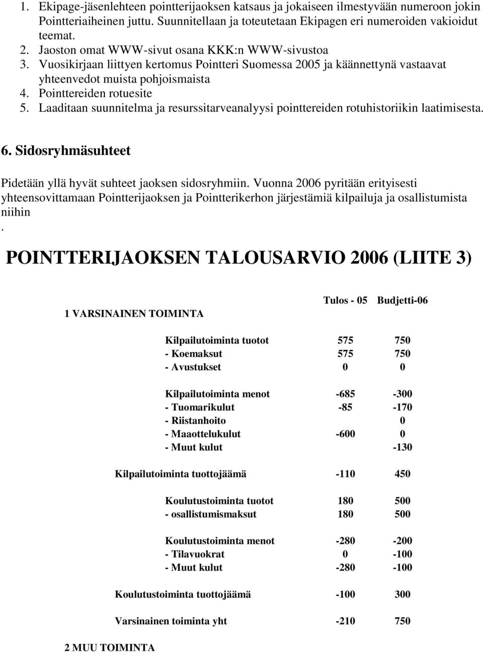 Laaditaan suunnitelma ja resurssitarveanalyysi pointtereiden rotuhistoriikin laatimisesta. 6. Sidosryhmäsuhteet Pidetään yllä hyvät suhteet jaoksen sidosryhmiin.