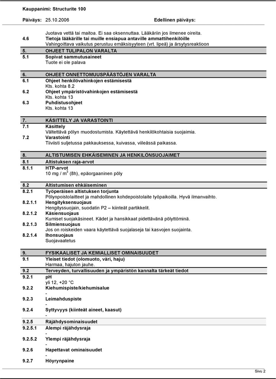 2 Ohjeet ympäristövahinkojen estämisestä Kts. kohta 13 6.3 Puhdistusohjeet Kts. kohta 13 7. KÄSITTELY JA VARASTOINTI 7.1 Käsittely Vältettävä pölyn muodostumista.