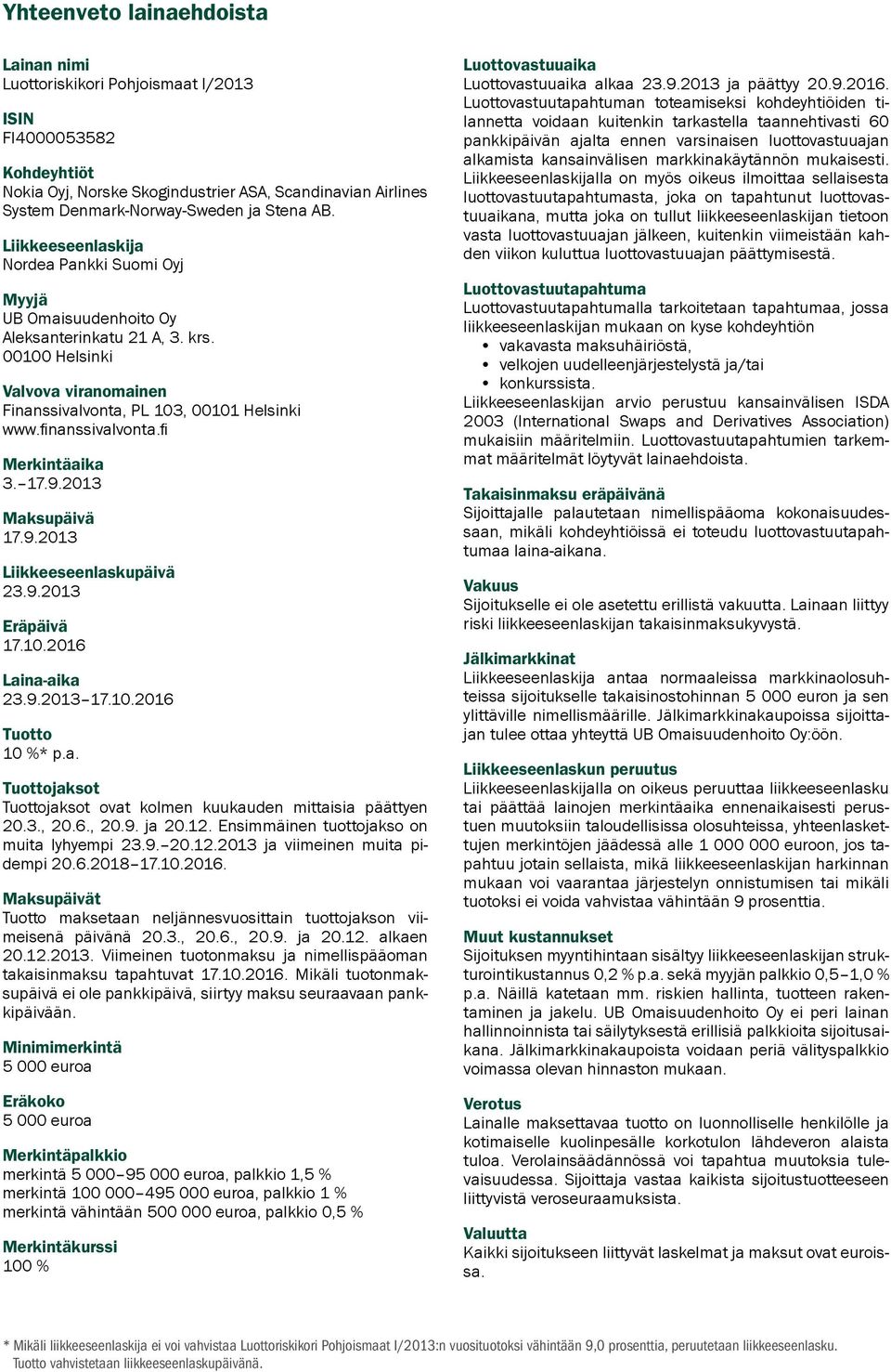 finanssivalvonta.fi Merkintäaika 3. 17.9.2013 Maksupäivä 17.9.2013 Liikkeeseenlaskupäivä 23.9.2013 Eräpäivä 17.10.2016 Laina-aika 23.9.2013 17.10.2016 Tuotto 10 %* p.a. Tuottojaksot Tuottojaksot ovat kolmen kuukauden mittaisia päättyen 20.