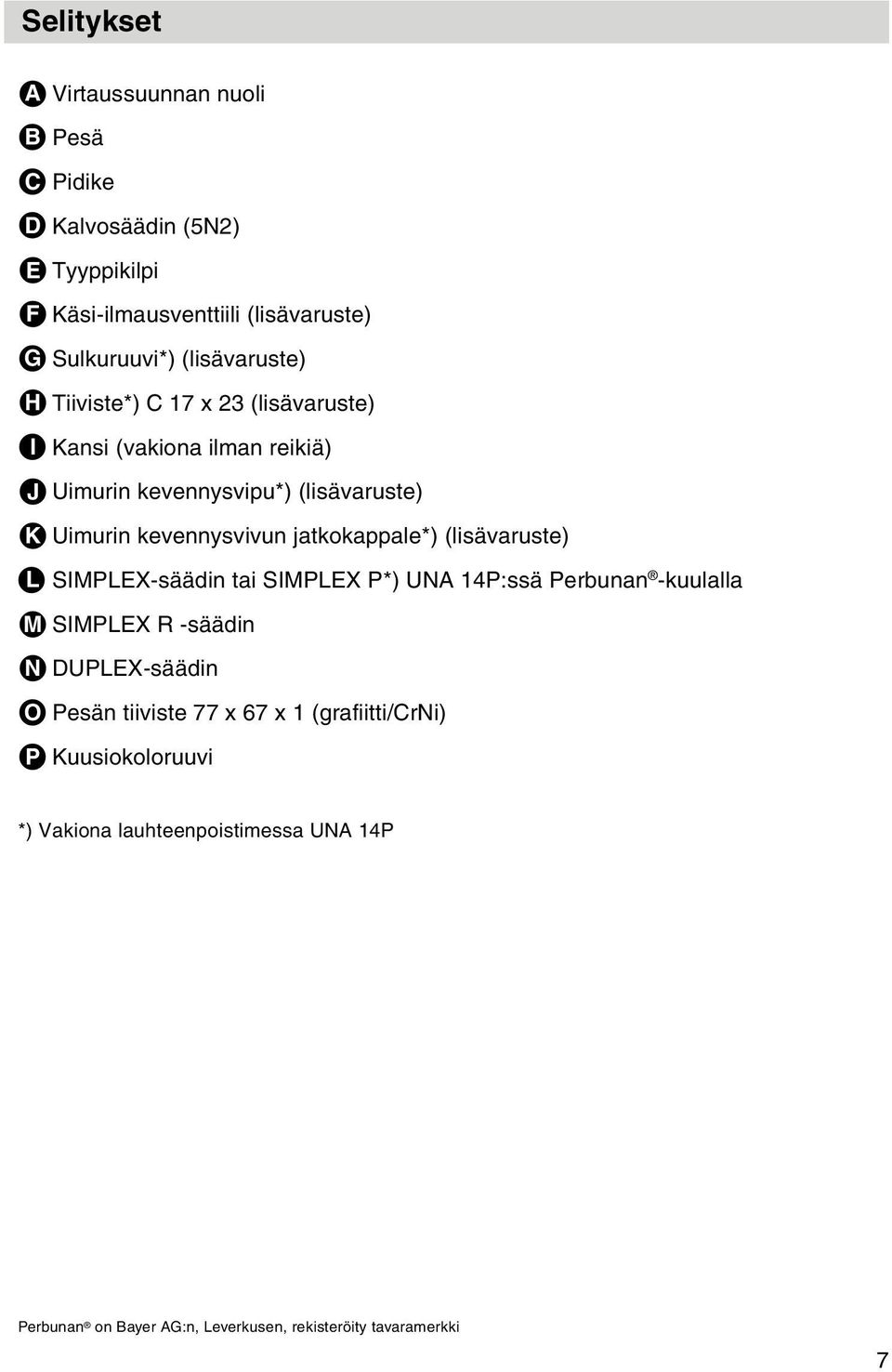 kevennysvivun jatkokappale*) (lisävaruste) SIMPLEX-säädin tai SIMPLEX P*) UNA 14P:ssä Perbunan -kuulalla M SIMPLEX R -säädin N DUPLEX-säädin O