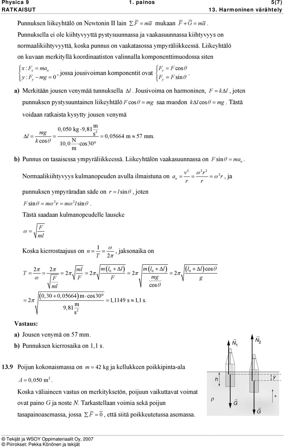 tunnuella Δ l Jouivoia on haroninen, F = Δ l, joten punnuen pytyuuntainen liieyhtälö F coθ = aa uodon Δ lcoθ = Tätä voidaan rataita yytty jouen venyä 0,050 9,81 Δ l = = = 0,05664 57 coθ 10,0 co30 b)