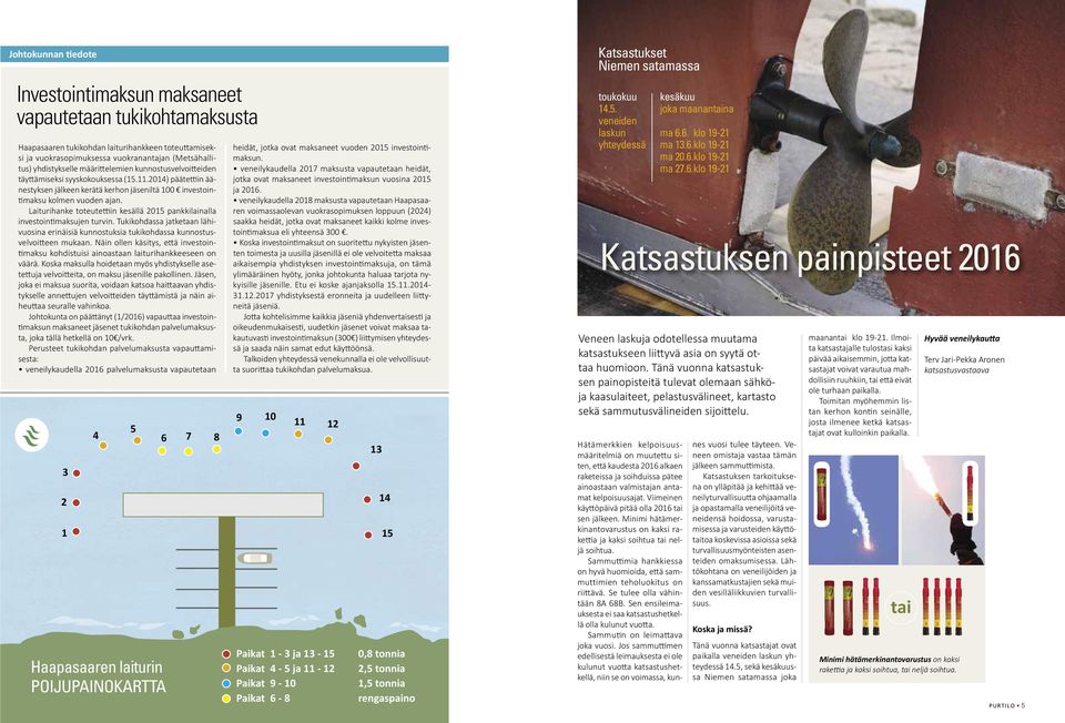 Laiturihanke toteutettiin kesällä 2015 pankkilainalla investointimaksujen turvin. Tukikohdassa jatketaan lähivuosina erinäisiä kunnostuksia tukikohdassa kunnostusvelvoitteen mukaan.