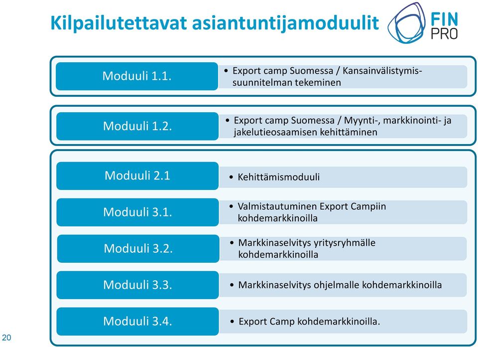 Export camp Suomessa / Myynti-, markkinointi- ja jakelutieosaamisen kehittäminen Moduuli 2.