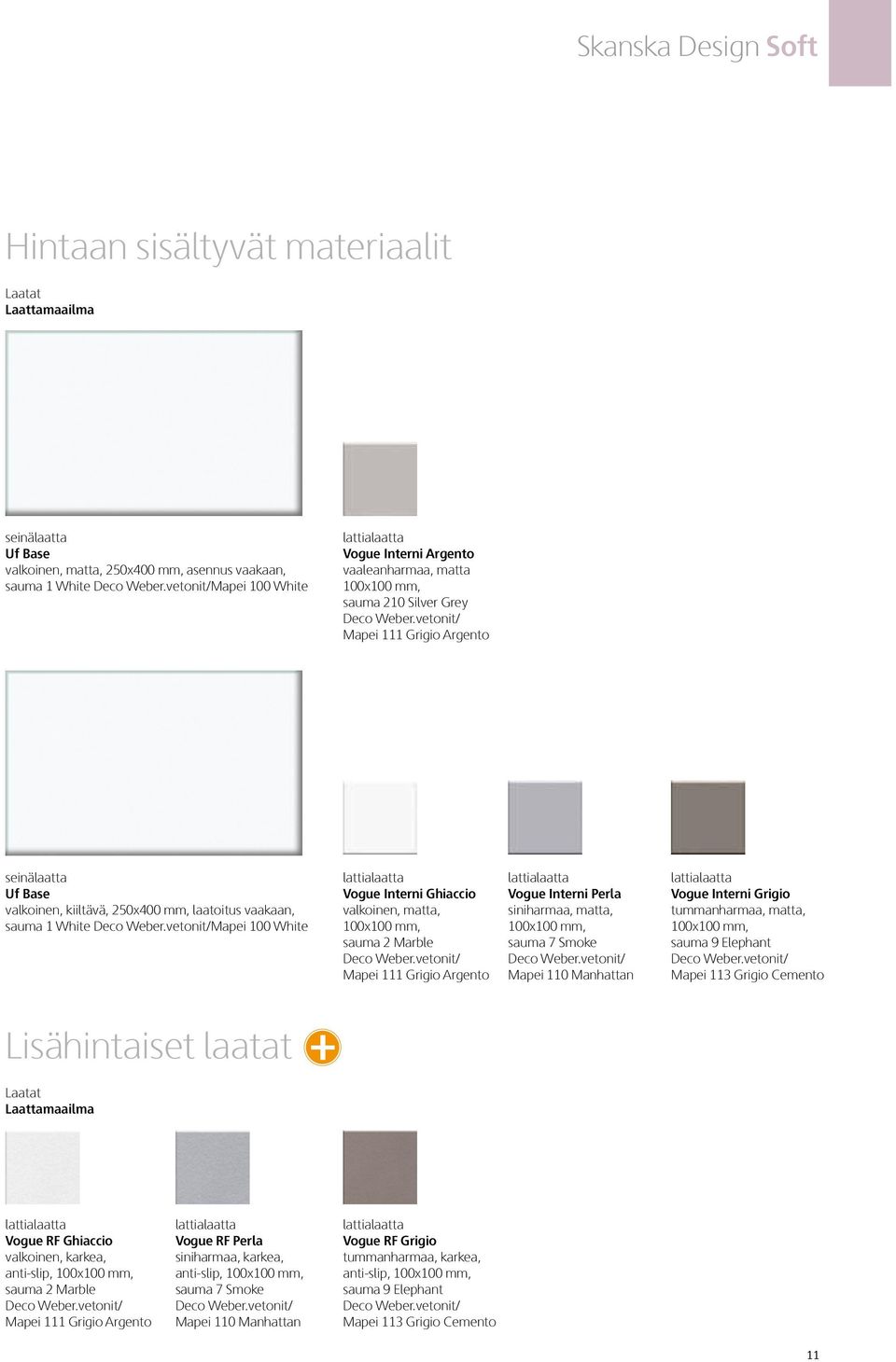 vetonit/ Mapei 111 Grigio Argento seinälaatta Uf Base valkoinen, kiiltävä, 250x400 mm, laatoitus vaakaan, sauma 1 White Deco Weber.