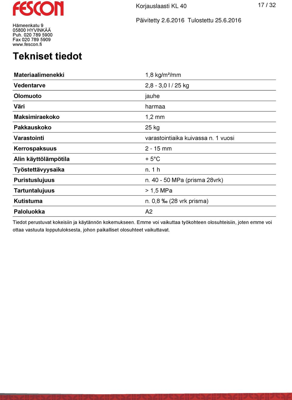 1 vuosi 2-15 mm Alin käyttölämpötila + 5 C Työstettävyysaika Puristuslujuus Tartuntalujuus Kutistuma Paloluokka n. 1 h n.