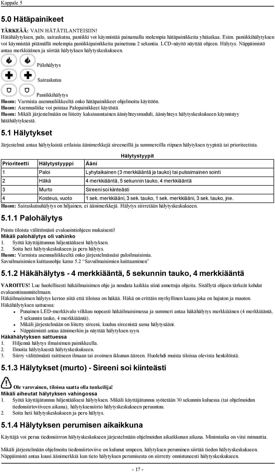 Pälohälytys Sairaskutsu Paniikkihälytys Huom: Varmista asennusliikkeeltä onko hätäpainikkeet ohjelmoitu käyttöön. Huom: Asennusliike voi poistaa Palopainikkeet käytöstä.