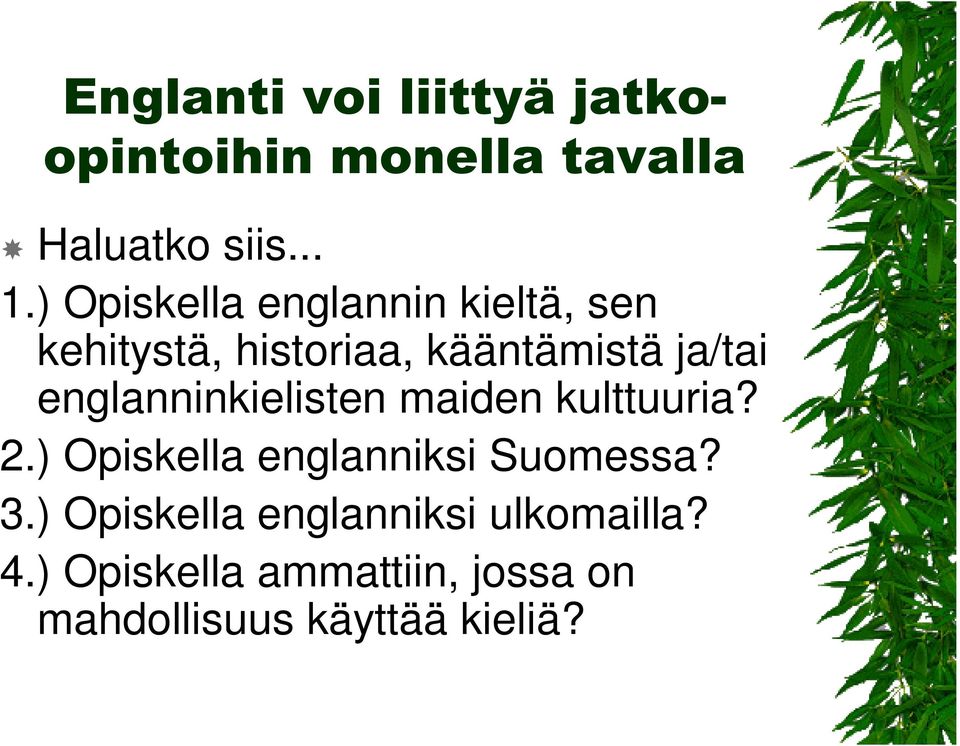 englanninkielisten maiden kulttuuria? 2.) Opiskella englanniksi Suomessa? 3.