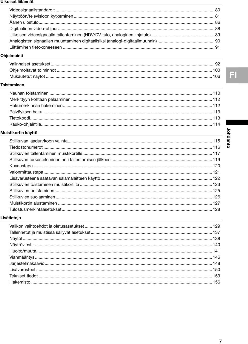 .. 91 Ohjelmointi Valinnaiset asetukset... 92 Ohjelmoitavat toiminnot... 100 Mukautetut näytöt... 106 Toistaminen Nauhan toistaminen... 110 Merkittyyn kohtaan palaaminen... 112 Hakumerkinnän hakeminen.