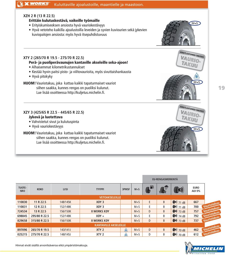 ansiosta: myös hyvä itsepuhdistuvuus XTY 2 (265/70 R 19.5-275/70 R 22.5) Perä- ja puoliperävaunujen kantaville akseleille seka-ajoon!