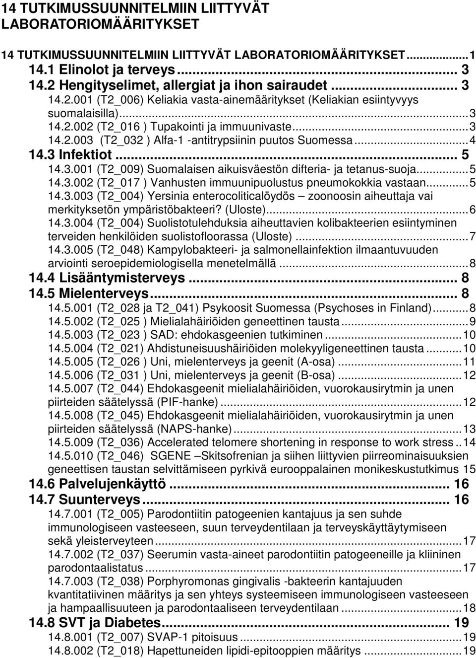 .. 4 14.3 Infektiot... 5 14.3.001 (T2_009) Suomalaisen aikuisväestön difteria- ja tetanus-suoja... 5 14.3.002 (T2_017 ) Vanhusten immuunipuolustus pneumokokkia vastaan... 5 14.3.003 (T2_004) Yersinia enterocoliticalöydös zoonoosin aiheuttaja vai merkityksetön ympäristöbakteeri?