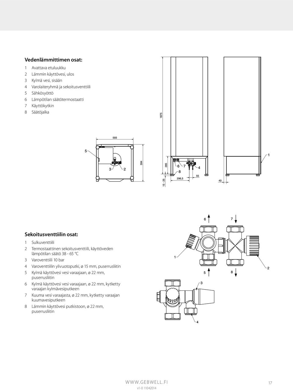 Varoventtiili 10 bar 4 Varoventtiilin ylivuotoputki, ø 15 mm, puserrusliitin 5 Kylmä käyttövesi vesi varaajaan, ø 22 mm, puserrusliitin 6 Kylmä käyttövesi vesi