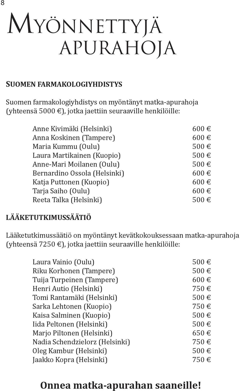 Talka (Helsinki) 500 LÄÄKETUTKIMUSSÄÄTIÖ Lääketutkimussäätiö on myöntänyt kevätkokouksessaan matka-apurahoja (yhteensä 7250 ), jotka jaettiin seuraaville henkilöille: Laura Vainio (Oulu) 500 Riku