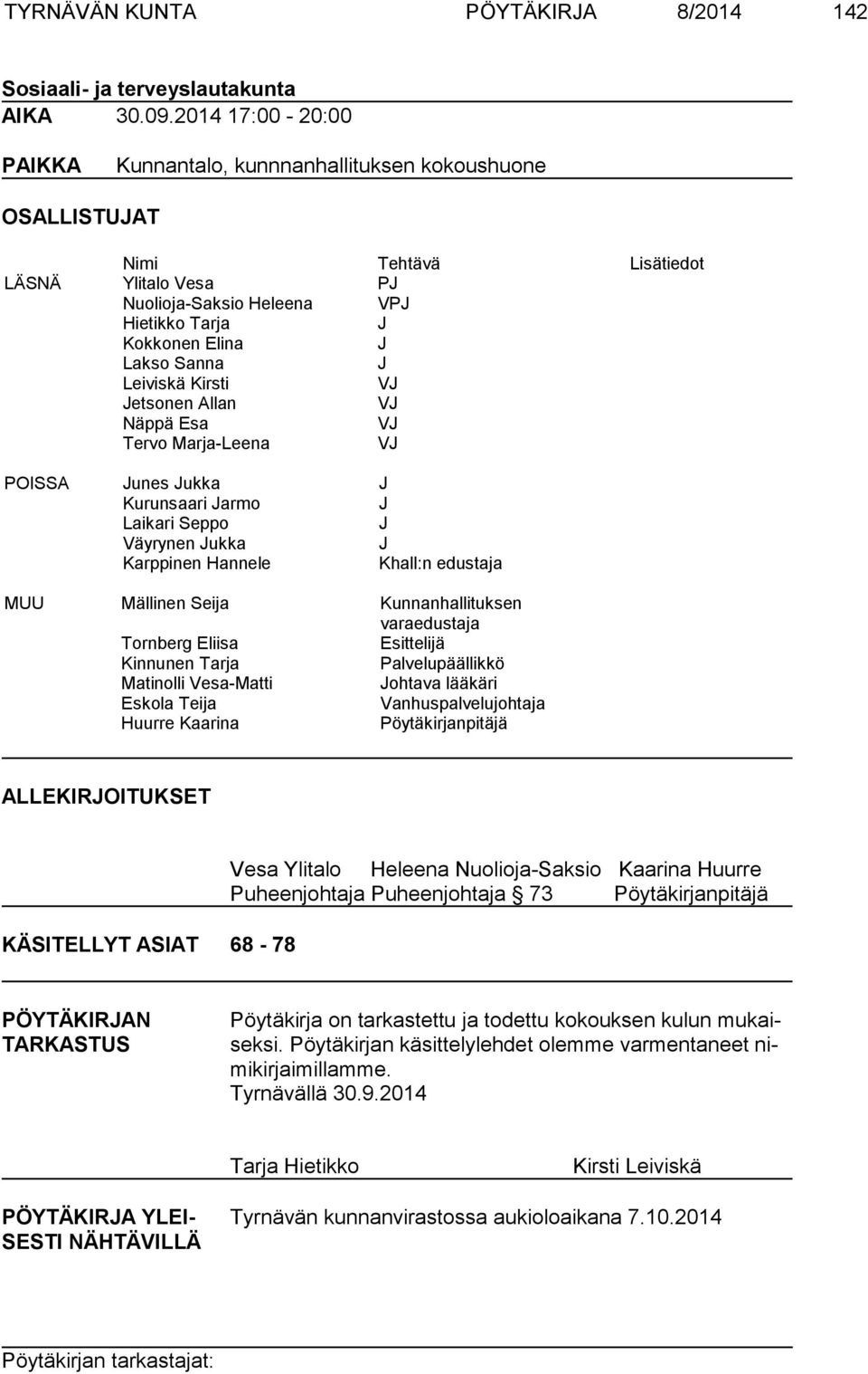 J Leiviskä Kirsti VJ Jetsonen Allan VJ Näppä Esa VJ Tervo Marja-Leena VJ POISSA Junes Jukka J Kurunsaari Jarmo J Laikari Seppo J Väyrynen Jukka J Karppinen Hannele Khall:n edustaja MUU Mällinen Seija