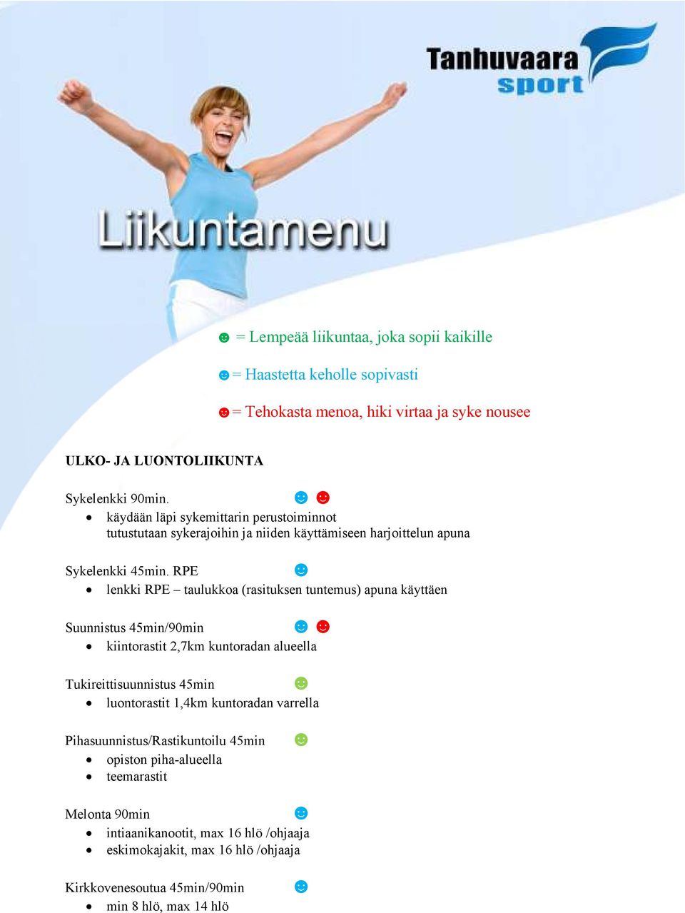 RPE lenkki RPE taulukkoa (rasituksen tuntemus) apuna käyttäen Suunnistus 45min/90min kiintorastit 2,7km kuntoradan alueella Tukireittisuunnistus 45min luontorastit 1,4km