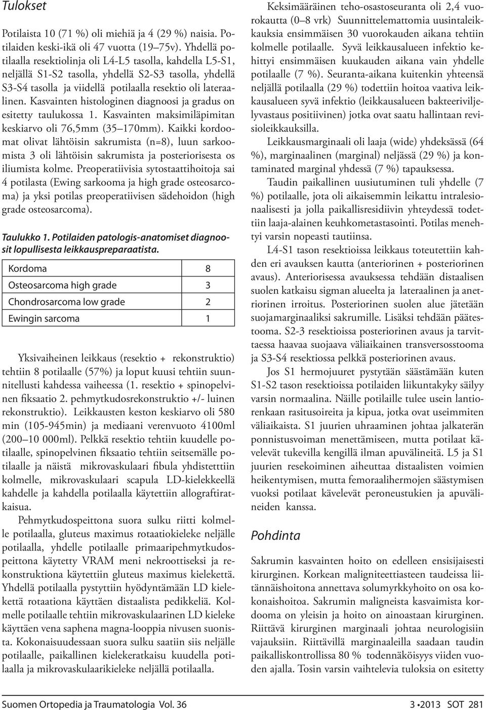 Kasvainten histologinen diagnoosi ja gradus on esitetty taulukossa 1. Kasvainten maksimiläpimitan keskiarvo oli 76,5mm (35 170mm).