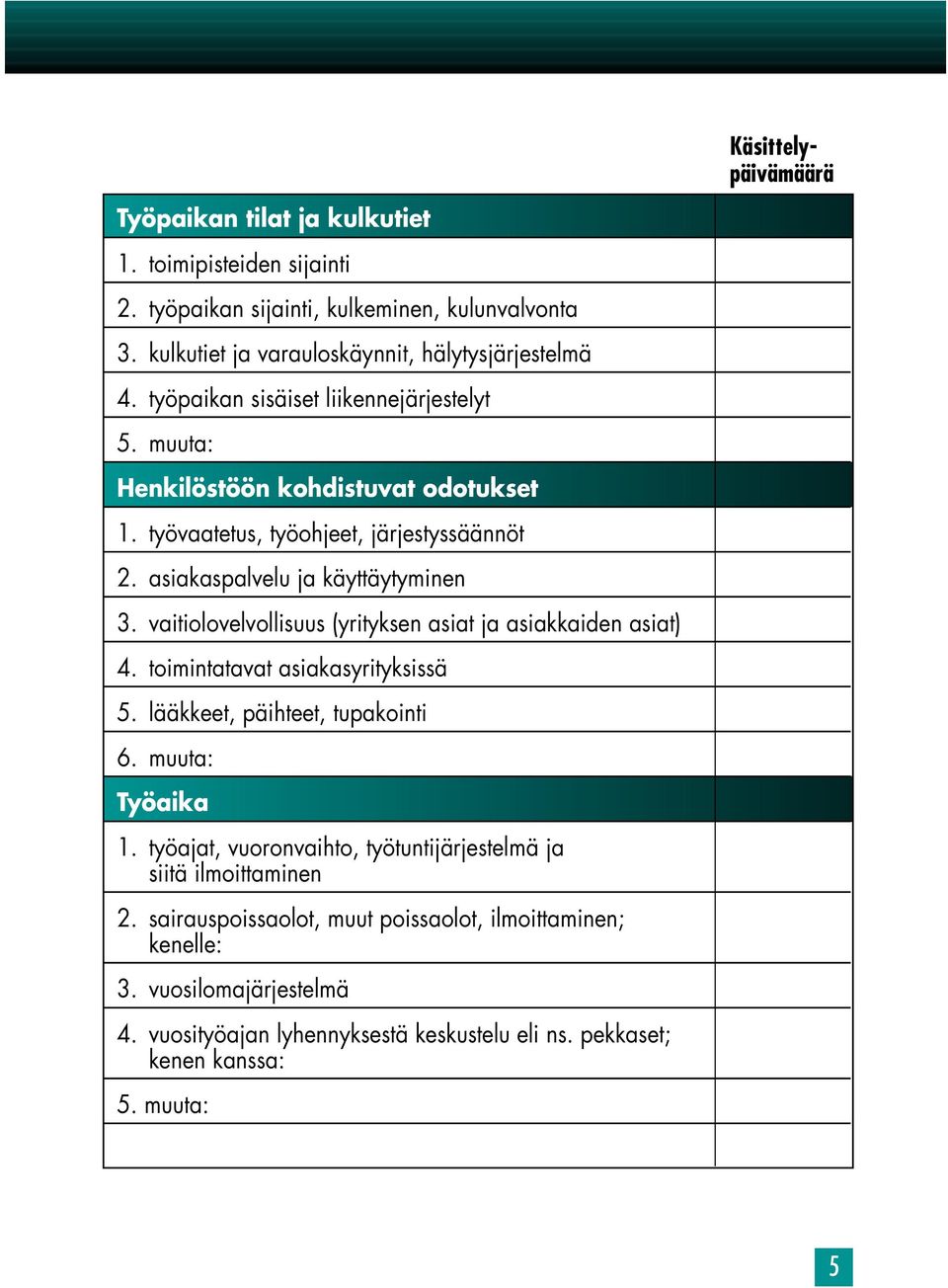 vaitiolovelvollisuus (yrityksen asiat ja asiakkaiden asiat) 4. toimintatavat asiakasyrityksissä 5. lääkkeet, päihteet, tupakointi 6. muuta: Työaika 1.