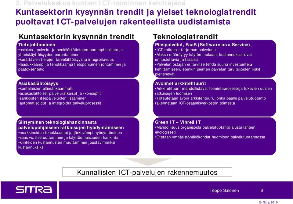 tietopohjainen johtaminen ja päätöksenteko Asiakaslähtöisyys kuntalaisten elämänkaarimalli asiakaslähtöiset palveluratkaisut ja -konseptit sähköisten itsepalveluiden lisääminen automatisoidut ja