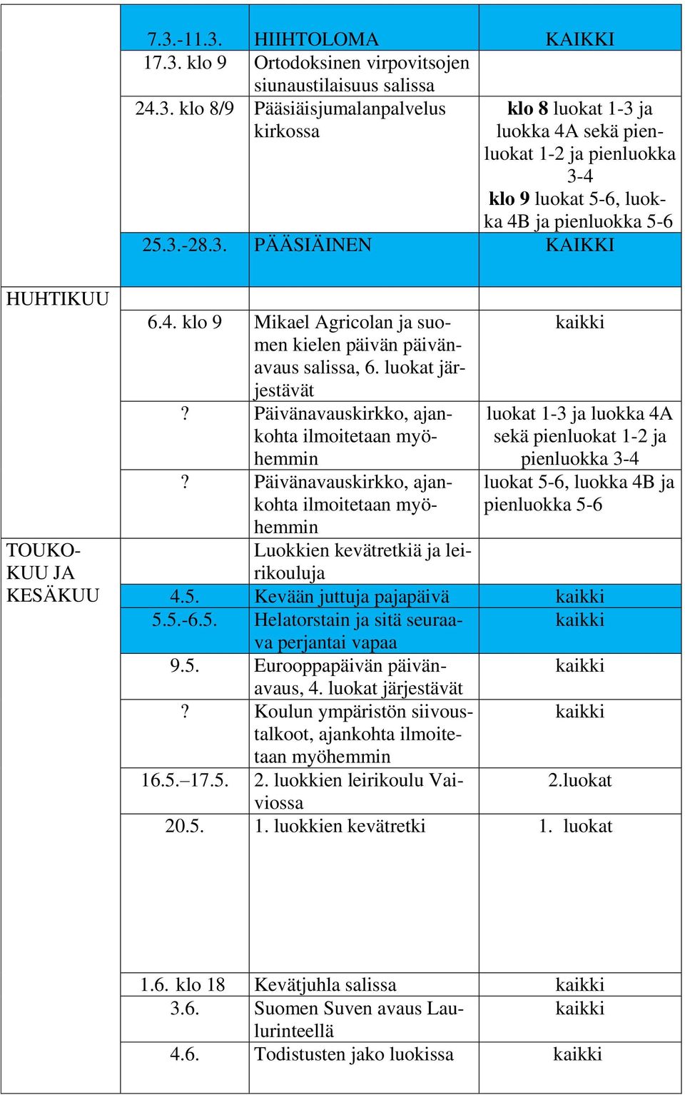 Päivänavauskirkko, ajankohta ilmoitetaan myöhemmin Luokkien kevätretkiä ja leirikouluja TOUKO- KUU JA KESÄKUU luokat 1-3 ja luokka 4A sekä pienluokat 1-2 ja pienluokka 3-4 luokat 5-6, luokka 4B ja