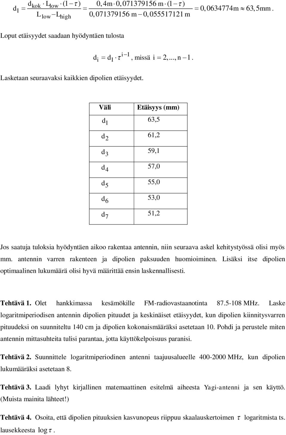 Väli Etäisyys (mm) d 63,5 1 d 61,2 2 d 59,1 3 d 57,0 4 d 55,0 5 d 53,0 6 d 51,2 7 Jos saatuja tuloksia hyödyntäen aikoo rakentaa antennin, niin seuraava askel kehitystyössä olisi myös mm.